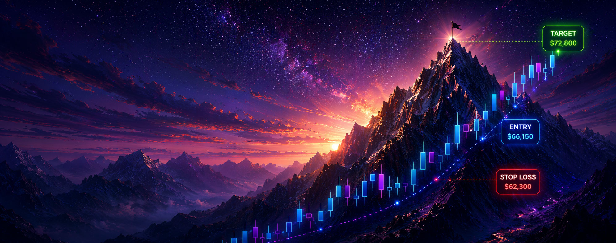 Mountain and chart hero artwork showing a trade setup for Bitcoin